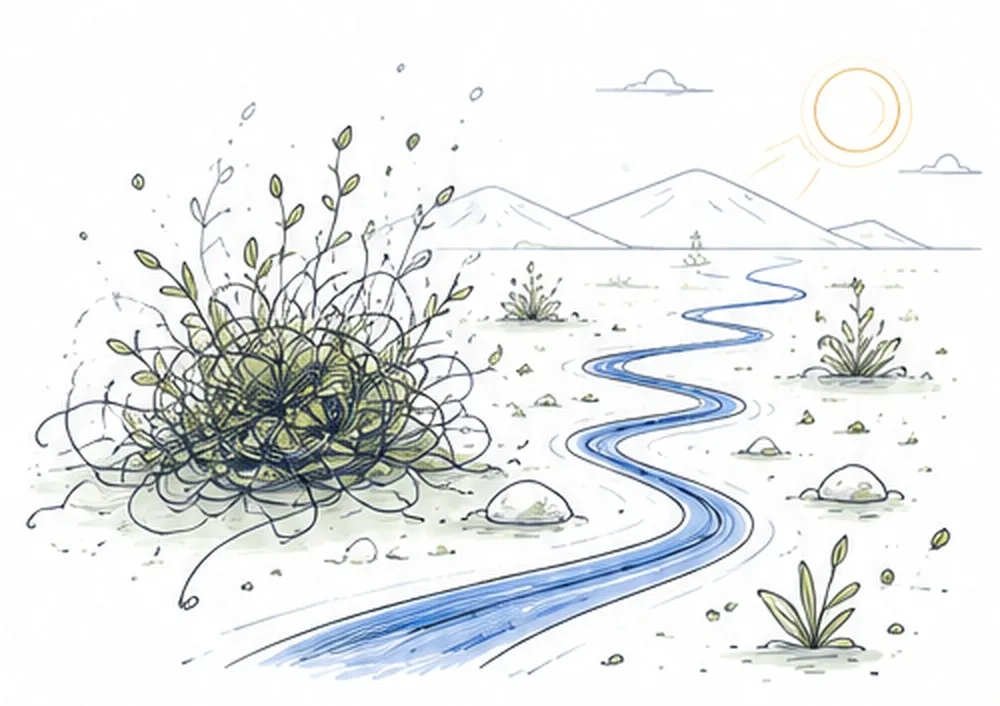 Hand-drawn tangled weeds beside a clear blue creek leading into the distance